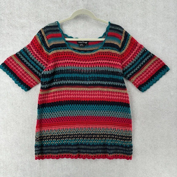 Carole Little Short Sleeve Sweater Womens 2X Rainbow‎ Colorful Granny Open Knit - Picture 1 of 13